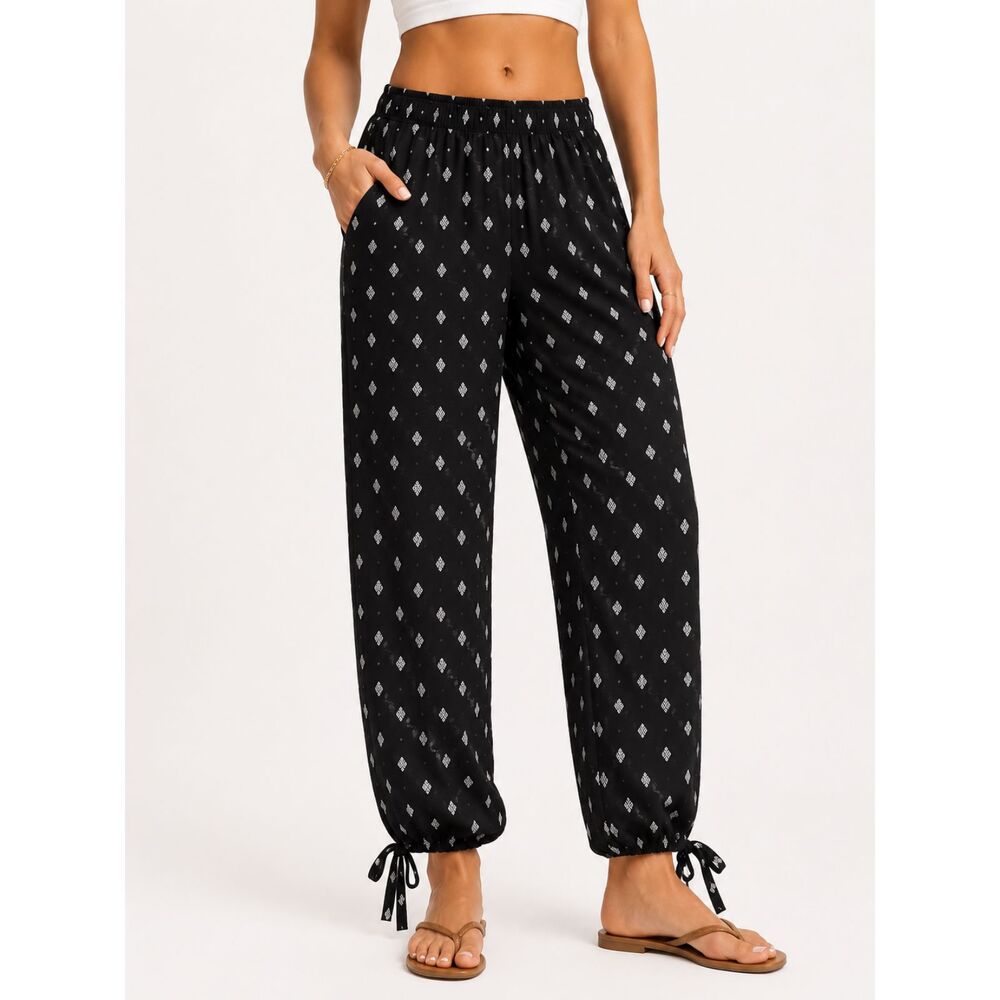 Apt 9 Women's M Black White Smocked Tie Ankle Jogger Pants Rayon Boho Harem
